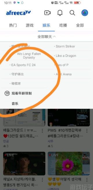 中文界面的娱乐分类页,圈注处为「观看年龄限制」分区入口
