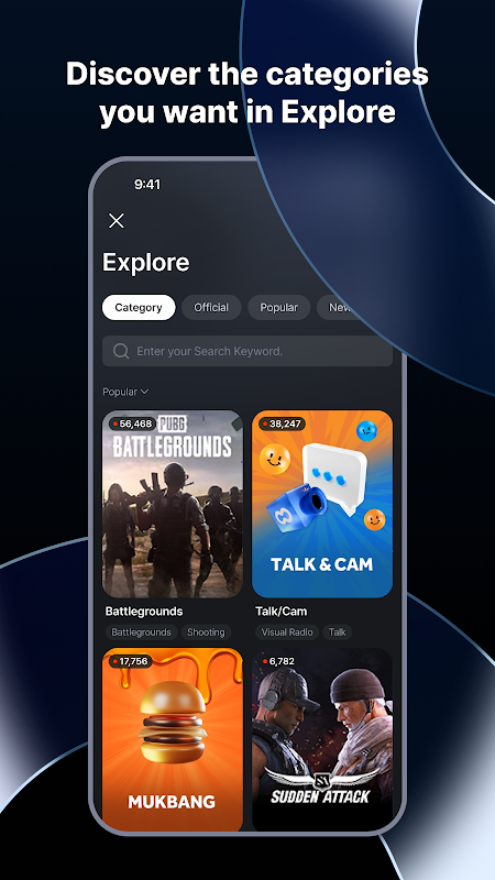 手机版分类页，Battlegrounds、Talk/Cam、Mukbang 等分类卡片